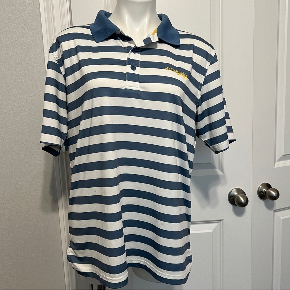 Columbia PFG Shirt Mens Blue White Striped Short Sleeve Polo Omni-Shade